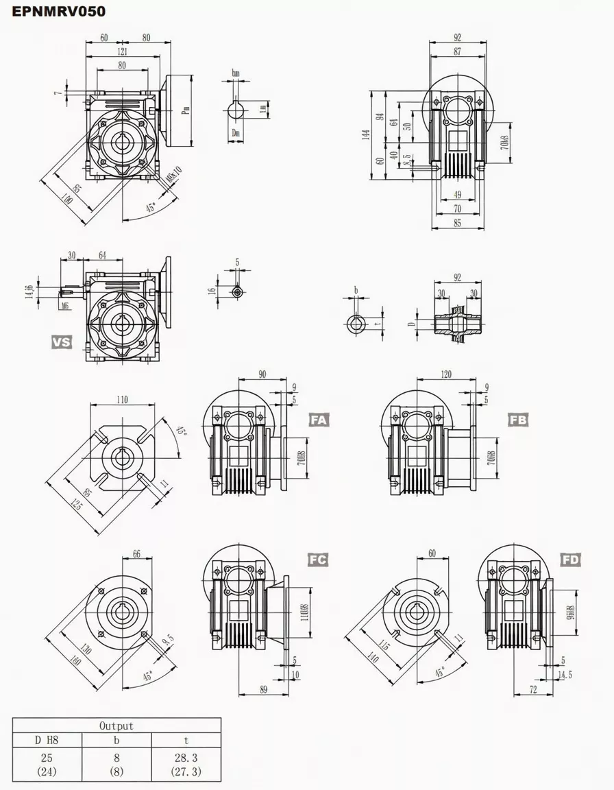 EPNMRV050 worm gearbox dimension drawing with inch measurements and mounting hole detail