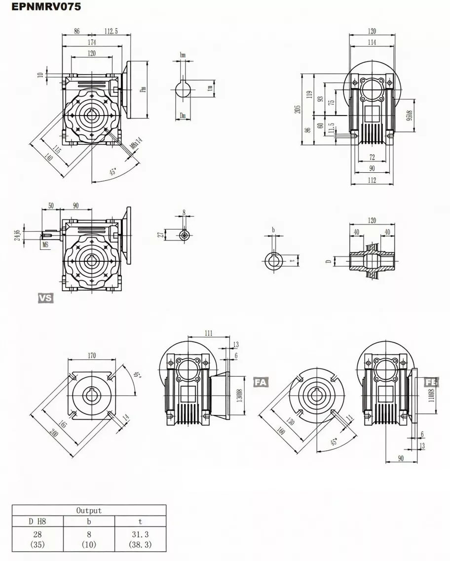EPNMRV075 worm gearbox dimension drawing with inch measurements and mounting hole detail