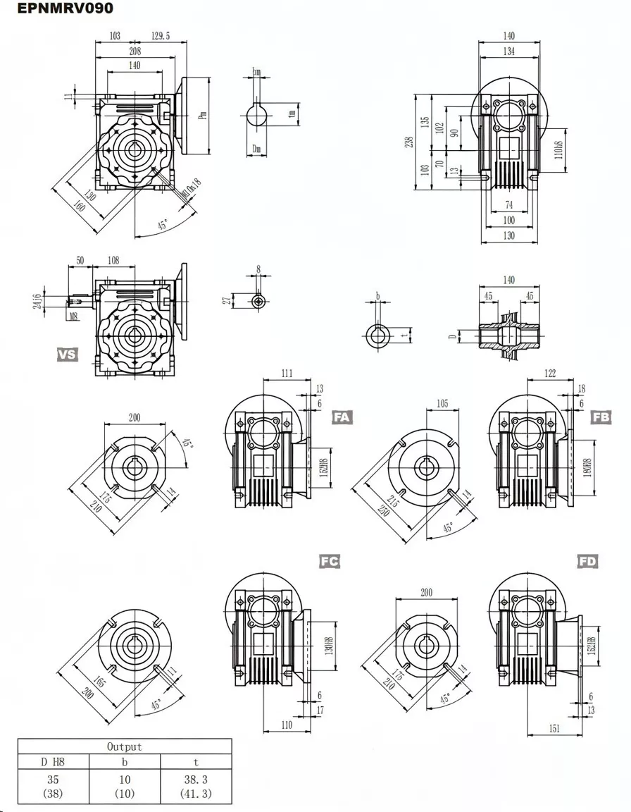 EPNMRV090 worm gearbox dimension drawing with inch measurements and mounting hole detail