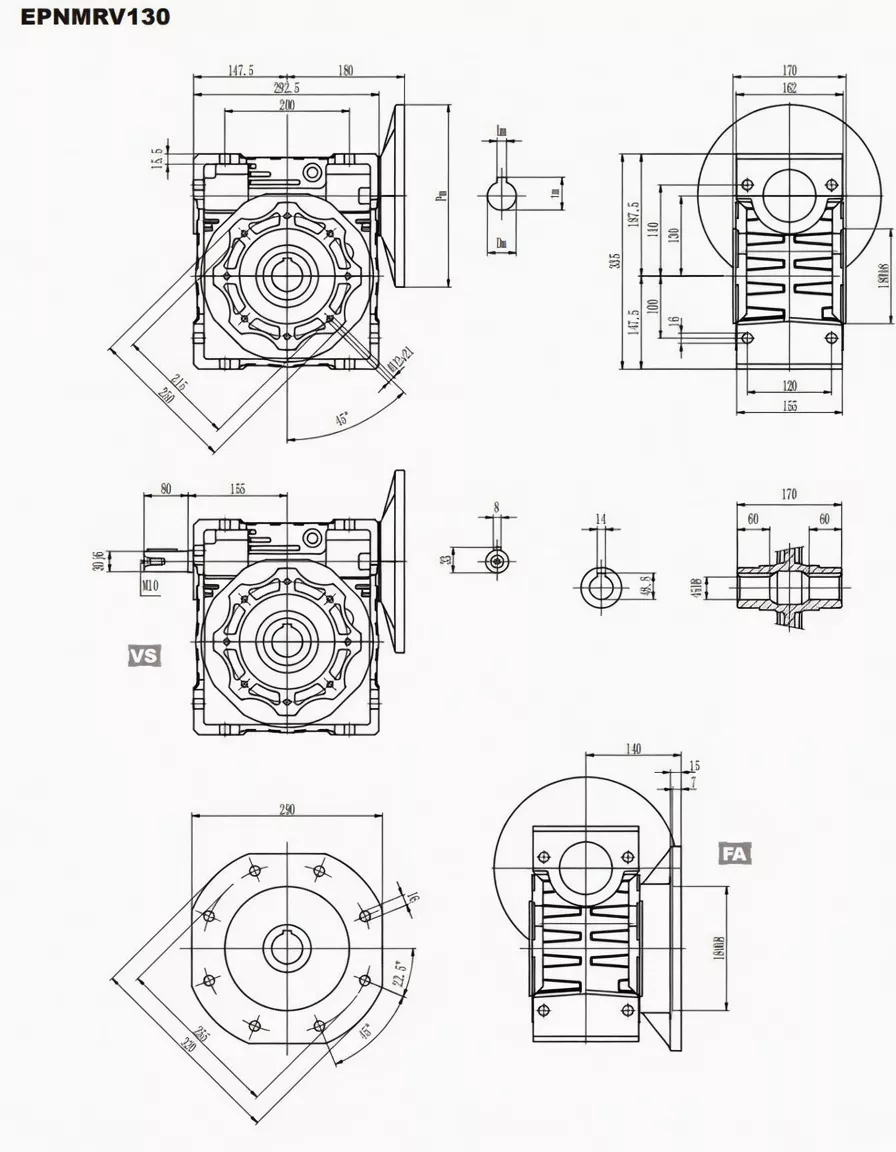 EPNMRV130 worm gearbox dimension drawing with inch measurements and mounting hole detail